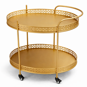 Chariot de bar moderne en métal doré avec roulettes, chariot de service rond à deux niveaux pour la maison, l'hôtel, le restaurant - Product Image 2