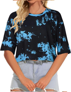 <b>Women's</b> Tie Dye Printed Formal Regular Length Tank <b>Tops</b> Crew Neck Short Sleeve Knitted Breathable 100% Cotton Solid <b>Mesh</b> - Product Image 1