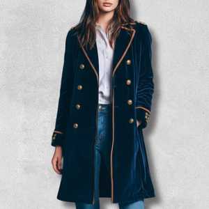 Retro Military Style Velvet Blazer Coat, Navy Blue Double-Breasted <b>Women</b>’s Fitted <b>Jacket</b> - Product Image 2