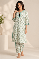 Ensemble Kurta Slim Fit à Col Halter Imprimé Floral Ethnique pour Mariage Formel, Pyjama en Coton avec Bordure Latérale, Tenue d'Été pour Femme
