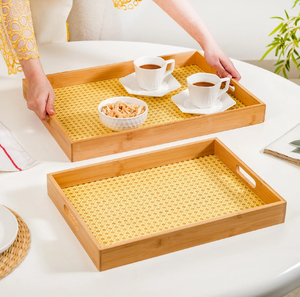 Handmade 3 Pieces Round Wood & Rattan Tray Perfect For A <b>Coffee</b> <b>Table</b> Or Kitchen Counter Handmade Tray Crafts New Design - Product Image 4