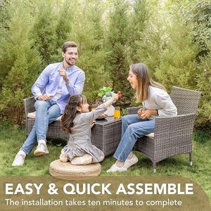Premium 3 Pieces PE Rattan <b>Garden</b> Furniture Set Grey Outdoor Wicker Bistro Conversation Chairs with Square <b>Coffee</b> <b>Table</b> - Product Image 3