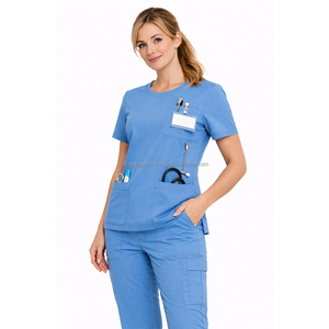 Ensemble d'uniformes d'allaitement style tunique avec pantalon jogger à poches cargo et étiquette tissée personnalisée, en tissu anti-humidité, pour le secteur de la santé, vente en gros - Product Image 5