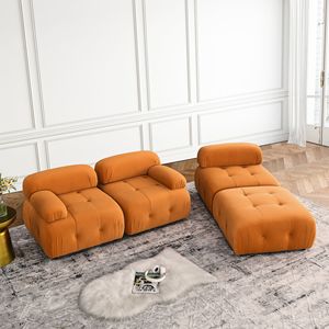 ชุดกระดุมโซฟากำมะหยี่สีส้มแบบแยกส่วนรวมแบบ DIY ประกอบด้วยโซฟารูปตัว L แบบพลิกกลับได้พร้อมออตโตมันสำหรับห้องนั่งเล่น - Product Image 4