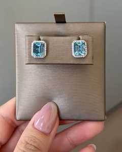 Boucles d'oreilles clous en diamant de laboratoire, or massif 14 carats, sertissage halo classique, pour usage quotidien, aquamarine taille émeraude, bijoux fins, prix d'usine - Product Image 1