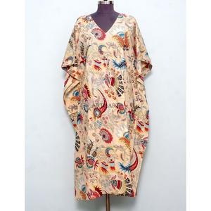 High Quality Custom Block Printing 100% Organic Cotton Sweet Natural Waist Maxi Length Summer Beach Women's Kaftan <b>Dress</b> - Product Image 1
