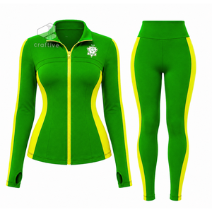 Chi Eta Phi Women's <b>Green</b> Workout <b>Set</b> With Yellow Contrast Side Panels Full Zip Jacket High Waist Leggings Activewear <b>Set</b> - Product Image 1