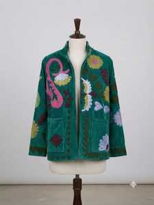 Green <b>Velvet</b> Knitted Embroidered Boho Quilted Cotton <b>Jacket</b> Floral Pockets Long Sleeve O-Neck Loose Fit Women Autumn Party Wear - Product Image 1