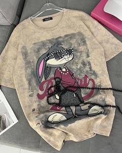 Camiseta de mujer con estampado de dibujos animados Tie Dye, corte holgado, estilo urbano, cuello redondo, manga corta, longitud regular, color negro - Product Image 2