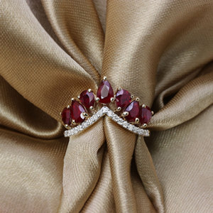 14K Yellow Gold Natural Ruby & Diamond <b>Crown</b> <b>Ring</b> for Women | Pear Cut Gemstone Fine Jewelry Wedding Gift Wholesale - Product Image 5