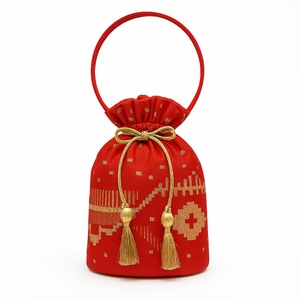 Elegante Bolso Tipo Cubo con Cordones, Diseño Geométrico Jamdani, Hecho a Mano con Cachemira, Ecológico, Ligero, Estilo Bohemio Vintage, para Compras Navideñas - Product Image 3