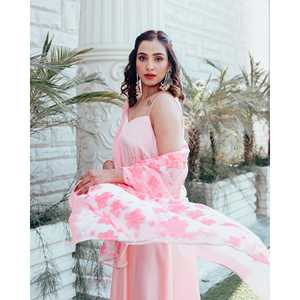 Conjunto de Traje de Chifón Estampado Transpirable de Seda Satinada Color Durazno para Mujer, Talla XS, Marca Sophia - Product Image 1