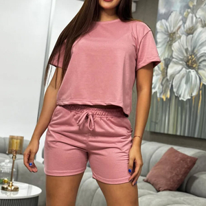 Conjunto de 2 Piezas para Mujer, Top Corto Color Lavanda con Pantalones Cortos con Cordón, Estilo Casual Holgado, Primavera Verano, Color Sólido, Tejido de Punto - Product Image 5