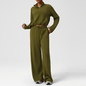 Casual Women 2 Piece Outfit Loungewear Set Cropped Half Zip Pullover and Wide Leg Sweatpants <b>Tracksuit</b> - Product Image 2
