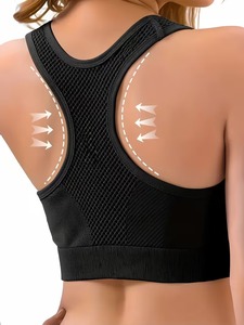 Women's Simple Racerback Sports Bra | Front High <b>Support</b> Eco-Friendly Breathable Mesh Gym Workout <b>Crop</b> <b>Top</b> | Polyamide Spandex - Product Image 2
