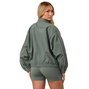 Womens Sage Green Woven Tracksuit Full Zip Jacket and Jogger Pants Set Casual Fitness Activewear Outfit - Product Image 3