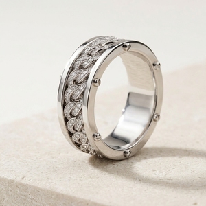 Bague de mariage pour homme en or plaqué platine, style hip-hop haut de gamme, incrustation de diamants pavés, chaîne cubaine - Product Image 2