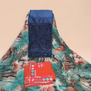 Tela Estampada Floral Dirac Suiza de Lujo en Color Naranja con Panel Bordado Multicolor para Vestidos de Fiesta Somalíes - Product Image 5