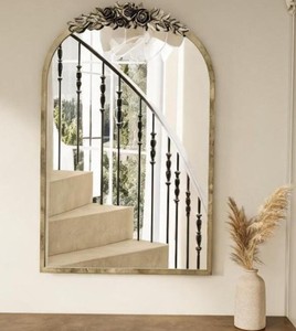 <b>Antique</b> Brass Arched Wall Mirror with Rose <b>Frame</b> – Baroque Vintage Decor - Product Image 3