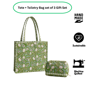 Bolso Tote de Algodón Floral Verde y Blanco Premium Knnotted Earth + Set de Neceser Hecho a Mano Ecológico Ligero con Cierre de Cremallera y Cadenas - Product Image 2