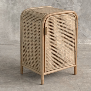 Table de Chevet Convertible en Rotin de Haute Qualité, Meuble de Rangement Minimaliste en Pin Naturel avec Porte Tressée pour Salon - Product Image 5