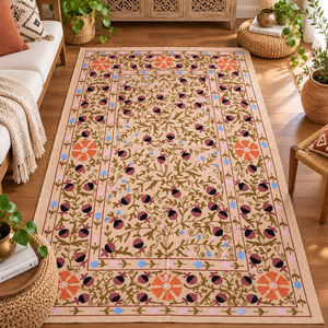 Drap de lit en coton Suzani fait main par un artisan, beige olive mocha, broderie florale, style ethnique indien bohème, couvre-lit pour la maison - Product Image 4