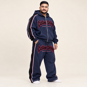 Graphic Print 100% Cotton Hooded Sweatsuit Unisex Fleece Zip Jacket Wide Leg Pants Custom Side <b>Tape</b> Detail Relaxed Streetwear - Product Image 3