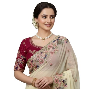 Última Llegada, Sari de Georgette Pesado con Bordado para Mujer, Ropa de Boda, con Borde Calado, en Existencia en India - Product Image 1
