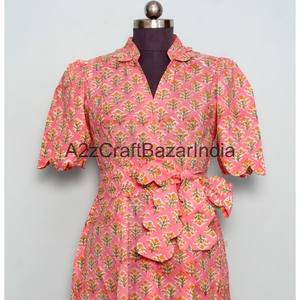 Vestido Midi de Mujer, Nuevo Diseño, 100% Algodón, Tejido de Punto, Estampado Floral, Corte en A, Cuello en V, Mangas Cortas, Bolsillos, Decoración con Botones - Product Image 4