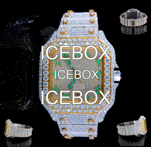 Montre-bracelet carrée en acier inoxydable et moissanite, cadran en verre, bracelet entièrement serti de moissanite, fermoir, résistance à l'eau 10 bars - Product Image 1