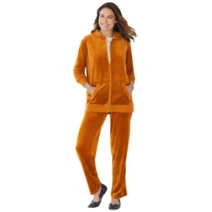Wholesale Women's Winter 100% Cotton <b>Velour</b> Tracksuit Set 2 Piece Hooded Zip Hoodie Sweatpants Fleece Lined Printed Solid Casual - Product Image 6