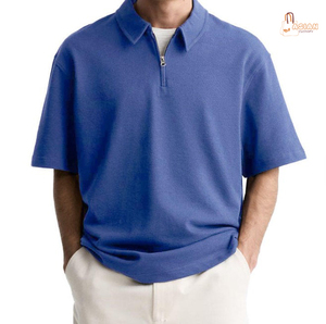 Men's White Short Sleeve <b>Polo</b> Shirt Zipper Front Casual Knitted Pique Cotton Breathable Solid Design Regular Fit - Product Image 1