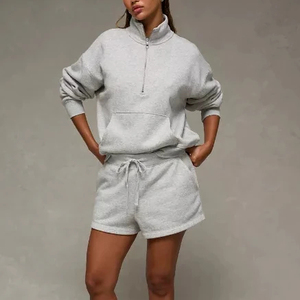 Custom Women's Gray Hoodie and Shorts <b>Set</b> Loose Fit <b>Knitted</b> Cotton Casual Streetwear Drawstring Elastic Waist Solid Color OEM - Product Image 1