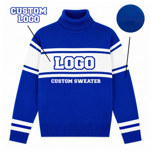 <b>Custom</b> Logo Women's Blue Knit Crew Neck Cardigan Front Blue White Striped Long Sleeve Unisex Anti-Wrinkle Polyester/Cotton All - Product Image 1