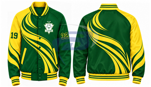 Chaqueta universitaria de satén verde y amarillo con contraste para mujer Chi Eta Phi, bordada con letras griegas, cuello y puños de punto a rayas, ropa exterior - Product Image 3