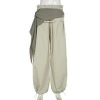 Pantalon cargo long décontracté d'été pour femme, taille haute, extensible, coupe large, avec patchs rayés, design plissé plat, poches et taille élastique