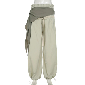 Pantalones Cargo Casuales de Cintura Alta para Mujer, Elásticos, de Pierna Ancha, con Parches a Rayas, Diseño Plano Fruncido, Bolsillos, Cierre Elástico en la Cintura, para Verano - Product Image 3