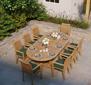 Ensemble de table à manger ovale d'extérieur en teck massif tropical, 8 places, banc incurvé, fauteuils, finition naturelle, meubles pour villa et hôtel - Product Image 1