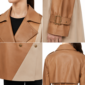 Abrigo Blusón Largo de Lana para Mujer, Estilo Oversize, con Bloques de Color, de Cuero Genuino de Vaca, Ecológico, para Otoño - Product Image 4