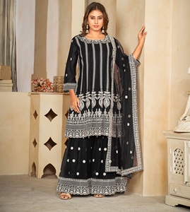 ชุดอานาร์กาลีสีดำคุณภาพดีสำหรับผู้หญิง สไตล์ปากีสถาน เหมาะสำหรับงานแต่งงานและงานเฉลิมฉลอง แขนสามส่วน แบบเย็บกึ่งสำเร็จรูป - Product Image 4