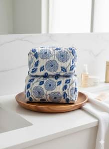 Ensemble de trousses de toilette classiques en coton bleu à motifs floraux avec fermeture éclair, pochettes de rangement portables pour maquillage, trousse de toilette de voyage portable - Product Image 2