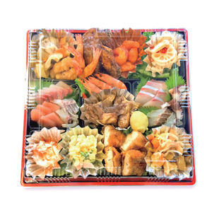 Manufacturer Folin-Sinhirose <b>Square</b> Disposable HDB35 Black Blister PP <b>Plastic</b> Sushi Tray Storage <b>Container</b> 350x350x51mm Food - Product Image 1