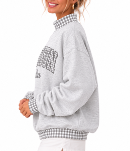 Custom Logo Women’s Mockneck Sweatshirt Oversized Plaid Color Block <b>Letter</b> <b>Applique</b> Vintage Casual Pullover - Product Image 6