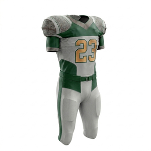 Ensemble d'uniformes de football américain pour hommes, maillot sublimé 100% polyester, pantalon rembourré, évacuation de l'humidité, col en V, gris, vert, or, personnalisé - Product Image 6