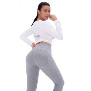 Leggings de Yoga Grises de Cintura Alta, Largos, con Cintura Elástica, Efecto Push-Up, Sin Costuras, de Spandex y Poliéster - Product Image 1