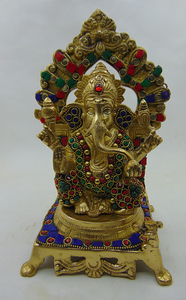 Statue en laiton poli de luxe du Dieu Ganesha sur trône, hauteur 9 pouces, Meenakari, vente chaude - Product Image 3