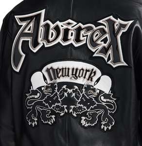 Avirex Men's Black Leather Bomber <b>Jacket</b> Embroidered Crest Front Button Regular Fit Turn-down Collar Streetwear <b>Winter</b> <b>Jacket</b> - Product Image 2