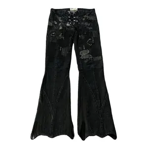 Oem Zwarte Hoge Taille Gescheurde Enkel Vintage Wijd Uitlopende Jeans