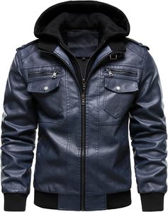 Men's Dark Blue PU <b>Leather</b> Moto <b>Jacket</b> Stand Collar Zipper Front Regular Fit Autumn Style - Product Image 4