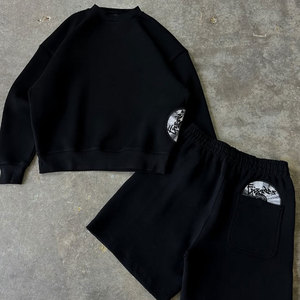 Plain Oversized Baggy Flared Drop Shoulder Cotton Soft Heavyweight 450 Gsm Sweat Running Shorts French Terry Men's Sweatsuit <b>Set</b> - Product Image 4